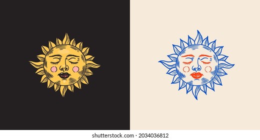 Mystical sleeping sun. Astronomy, alchemy and astrology symbol. Magic Gypsy Vector illustration. Hand drawn engraved doodle sketch.