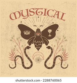 Mystical slogan with butterfly and snake illustration for t shirt print design or other uses - Vector