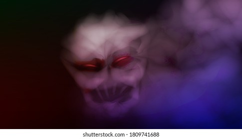 Mystical smoke with the face of an evil spirit. Steam or fog in the form of a skull. Smoke monster. Vector stock illustration. Purple and neon steam. Copy space.