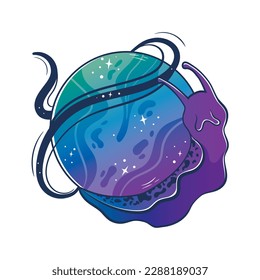 Mystical snail slug with a space planet instead of a shell-house. Hand drawn with gradient vector
