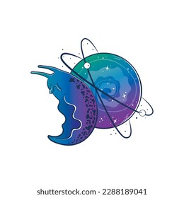 Mystical snail slug with a space planet instead of a shell-house. Hand drawn with gradient vector