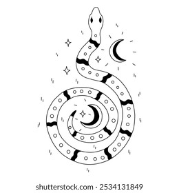 Serpiente mística entre medias lunas y estrellas enroscada en anillo sobre fondo blanco. Vector estilizado blanco y negro ilustración aislada dibujado a mano doodle. Cartel esotérico Abstractas