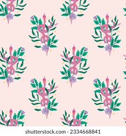 Mystical snake with botanical flowers and leaves seamless pattern in pastel color. Spiritual alchemy serpent pattern design. 