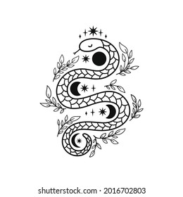 Mystical snake in line art style. Floral boho and astrology minimalist element. Magic spiritual snake symbol with stars, leaves and moon phases vector illustration.