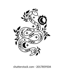 Mystical snake in line art style. Floral boho and astrology minimalist element. Magic spiritual snake symbol with sun, leaves and moon phases vector illustration.