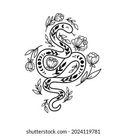 Mystical snake in line art style. Floral boho and astrology minimalist element. Magic spiritual snake symbol with flowers, leaves and moon phases vector illustration.