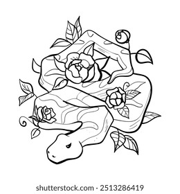 Mystical snake in line art style. Floral boho and astrology element. Magic spiritual snake symbol with flowers, leaves vector illustration.