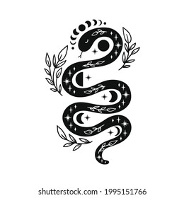 Mystical snake with moon phases and floral elements. Celestial tattoo design. Boho esoteric vector illustration isolated on white background. Magical reptile alchemy symbol.