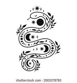 Mystical snake with moon phases and floral elements. Celestial tattoo design. Boho esoteric vector illustration isolated in linear style on white background. Magical reptile outline alchemy symbol.