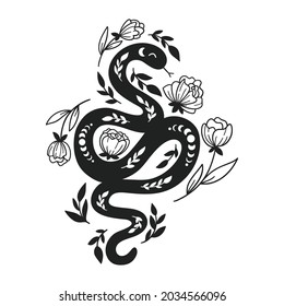 Mystical snake silhouette. Floral boho and astrology minimalist element. Magic spiritual snake symbol with flowers, leaves and moon phases vector illustration.