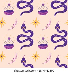 Mystical snake, star. Occult pattern Magical occult elements snake, potion, star. Graphic boho spiritual background