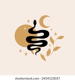 Mystical snake vector illustration. Silhouette logo of serpent with moon and leaves. Boho witchcraft poster