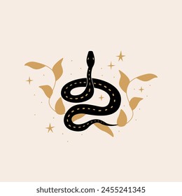 Mystical snake vector illustration. Silhouette logo of serpent with branch leaves. Boho witchcraft poster