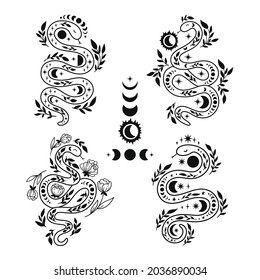 Mystical snakes bundle in line art style. Floral boho and astrology minimalist elements. Magic spiritual snake symbols with sun and moon phases vector illustration.