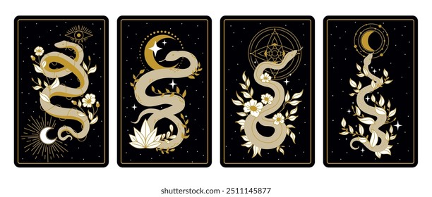 Cartões de cobras místicos. Cartão de tarô boêmio de cobra mágica, astrologia de serpente mística cartazes de ornamento esotérico elementos de bruxa celestes espirituais imprimir original ilustração vetorial