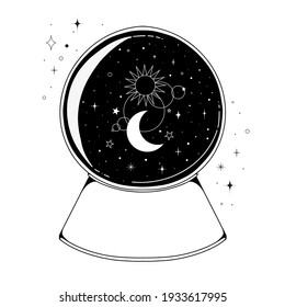 Mystical snow globe illustration with planets. Hand drawn celestial element with the solar system. Cool poster idea with stars and planets 