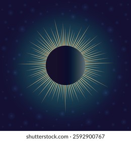 Mystical solar eclipse with glowing golden rays against a starry night sky. Perfect for cosmic, celestial, or spiritual designs. High-resolution, elegant, and captivating.