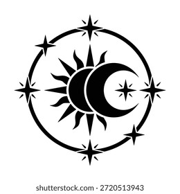 Ilustração mística do vetor de alinhamento solar e lunar. Símbolo de astrologia mágica com estrelas. Gráfico astronômico esotérico sobre fundo branco