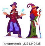 Mystical sorcerer with witchcraft powers - cartoon vector set of two male magician characters. Old man with red beard in long robe with purple hat and staff, and warlock with mystery light in hands.