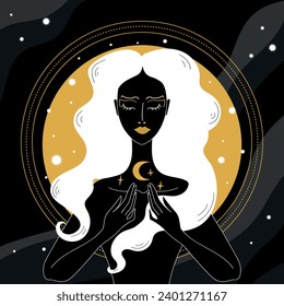 Mystical Sorceress or witch with stars and crescent on gold and black background. Witchcraft and magic vector illustration