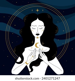 Mystical Sorceress or witch with stars and crescent on night sky background. Witchcraft vector illustration