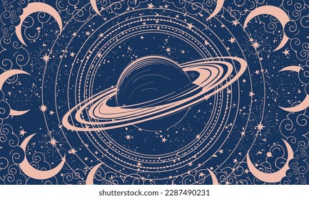 Fondo espacial místico con el planeta saturn y luna sobre fondo azul con estrellas, diseño plano para astrología, zodiaco, horoscopio. Ilustración vectorial, pancarta moderna.