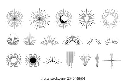 Mystical space bodies - moon, crescent, sun, halo, stars and radiant objects sacred elements black line silhouttes, magic unreal design items set, original hand drawn isolated clip art vector pack