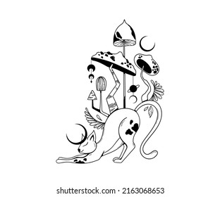 Mystical space cat and mushrooms isolated clip art, hand drawn mysterious composition with celestial animal, moon and magic poisonous fungi on white background, vector