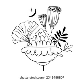 Mystical space flower, blossom, leaves and crescent moon, black and white fantasy floral celestial composition for t-shirt print or poster, magic plant hand drawn illustration in vector