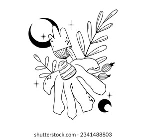 Flor espacial mística, hojas y luna creciente, composición celeste floral en blanco y negro para estampado o afiche de camisetas, ilustración de planta mágica realizada a mano en vector