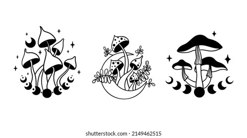 Mystical space mushroom and moon isolated clip art bundle, hand drawn line celestial mushrooms, moon and stars, witchy floral esoteric objects, - black and white vector