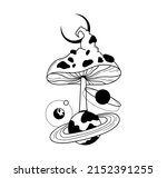 Mystical space mushroom and planets isolated clip art on white, Celestial hand drawn line mushroom composition or print, witchy black and white amanita - vector
