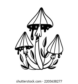 Mystical space mushrooms with leaves and drops. Black and white vector clip art in boho style.
