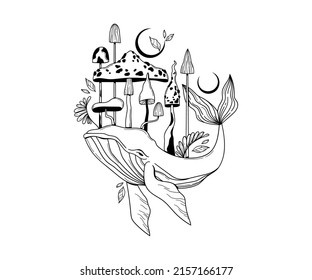 Mystical space whale and magic mushrooms isolated clip art, hand drawn mysterious composition with celestial animal, moon and poisonous fungi on white background, vector image