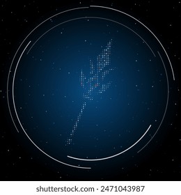 Das mystische Speer-Symbol mit weißen Punkten gefüllt. Pointillismus. Einige Punkte sind rot. Vektorillustration auf blauem Hintergrund mit Sternen