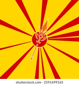 Mystical Spear symbol on a background of red flash explosion radial lines. A large orange symbol is located in the center of the sunrise. Vector illustration on yellow background