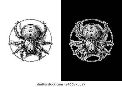 mystical spider, hand drawn woodcut engraving style vintage antique vector illustration