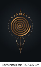 Mystical Spiral and Moon Phases, Sacred geometry. Gold logo Divine Feminine Pagan Wiccan goddess symbol. Old golden wicca banner sign, energy circles, boho style vector isolated on black background