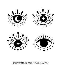 Mystical spiritual evil eye vector illustration set. Hand drawn hamsa eye with moon. Witchcraft, occult third eye, esoteric clipart. Decorative voodoo symbol. Karma element for tarot, tattoo, logo.