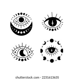 Mystical spiritual evil eye vector illustration set. Hand drawn celestial eye with moon phase. Witchcraft, occult third eye, esoteric clipart. Decorative voodoo symbol.