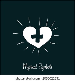 Mystical spiritual symbol heart cross rays, style old school, tattoo, icon, sign. Magic esoterica talisman element. Vector illustration