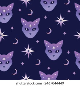 Mystical spiritual vector pattern with  witch cat. Wicca design, modern witchcraft concept.