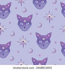 Mystical spiritual vector pattern with  witch cat. Wicca design, modern witchcraft concept.

