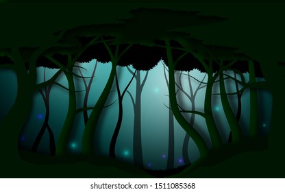 mystical and spooky deep forest green background in paper cut craft and realistic style design. vector illustration
