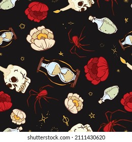 Mystical spooky Halloween seamless repeat pattern of skulls roses spiders and macabre elements. Red yellow and bone white motifs on a black background. 