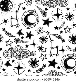 mystical starry seamless pattern, sketch planes and stars, black and white colors, vector illustration