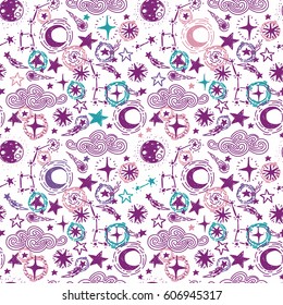 mystical starry seamless pattern, sketch planes and stars, vector illustration