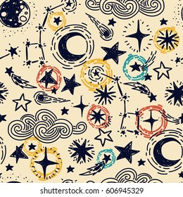 mystical starry seamless pattern, sketch planes and stars, vector illustration
