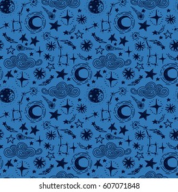 mystical starry seamless pattern, sketch planes and stars, blue color, vector illustration