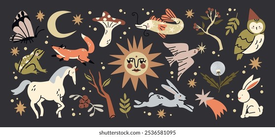 Mystical stickers of forest animals, plants, moon, sun. Folklore fairy tale motifs, magical mysterious enigmatic forest. Vector elements in cartoon style